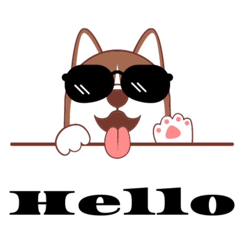 Chien joyeux avec lunettes de soleil, Hello