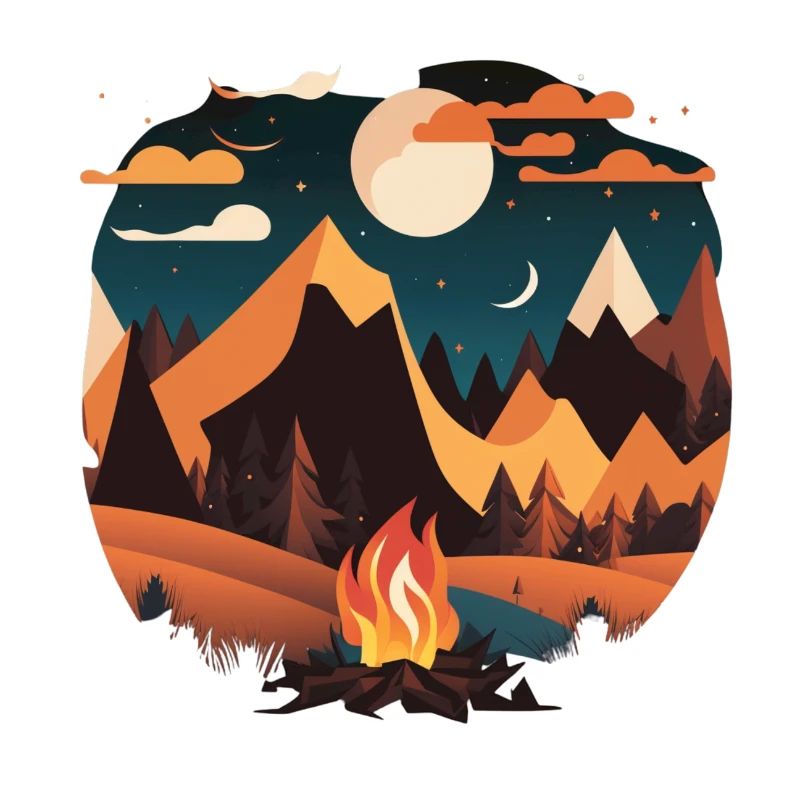 Camping by moonlight with campfire