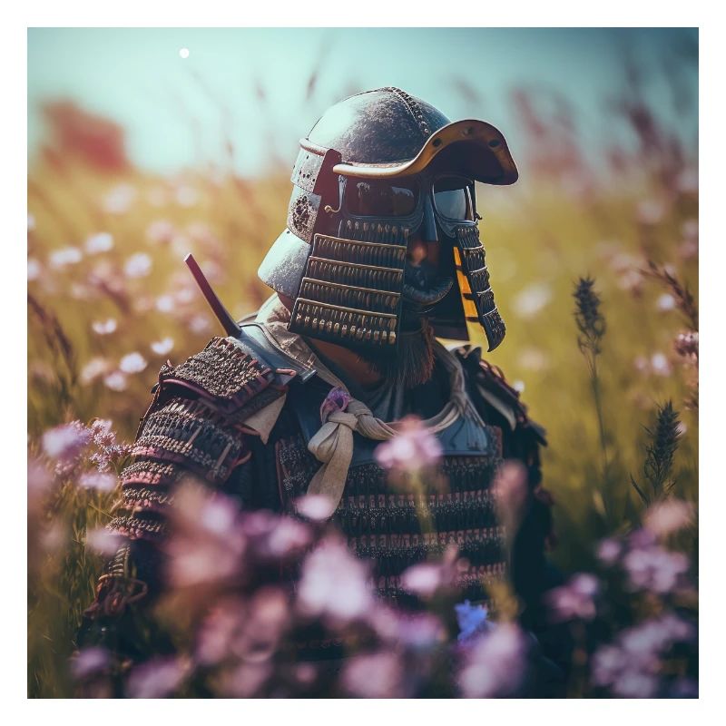 Samouraï dans le champ de fleurs -Guerrier en armure