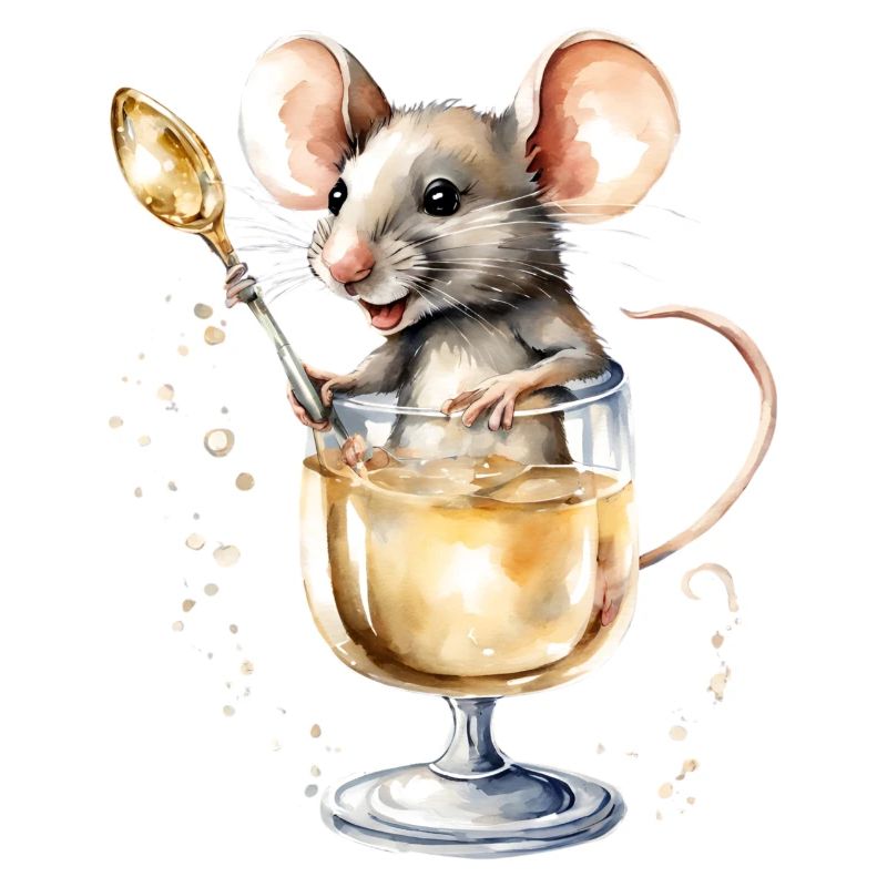 Souris douce dans un verre à / Verre à Prosecco avec cuillère
