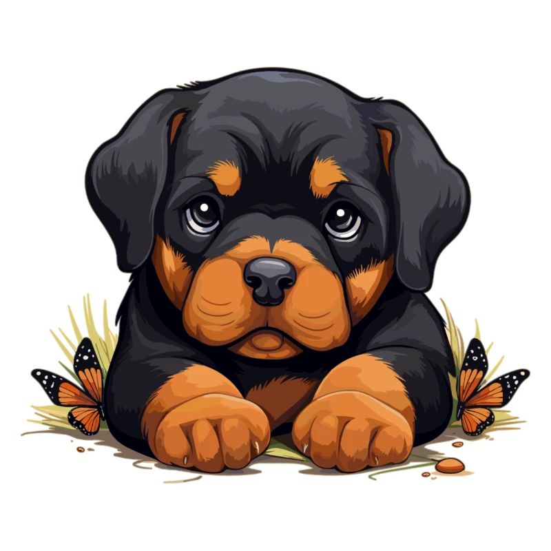 Mignon Rottweiler de dessin animé avec papillon