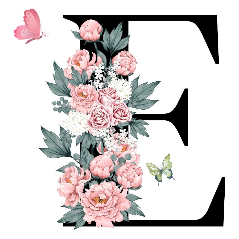 Lettre e fleurs rose