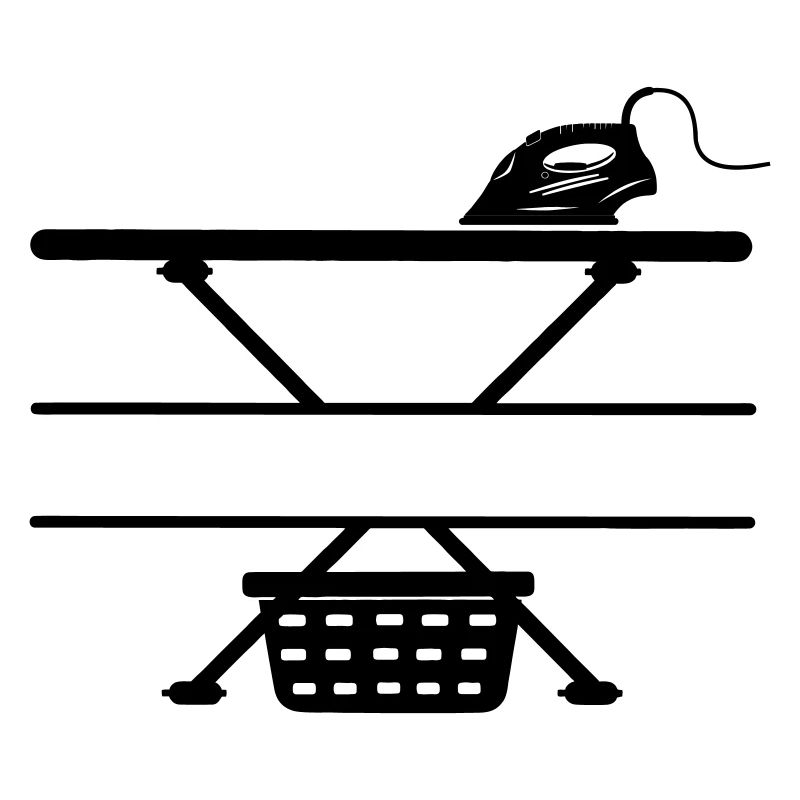 Fer à repasser, planche à repasser et panier à linge, bannière de texte