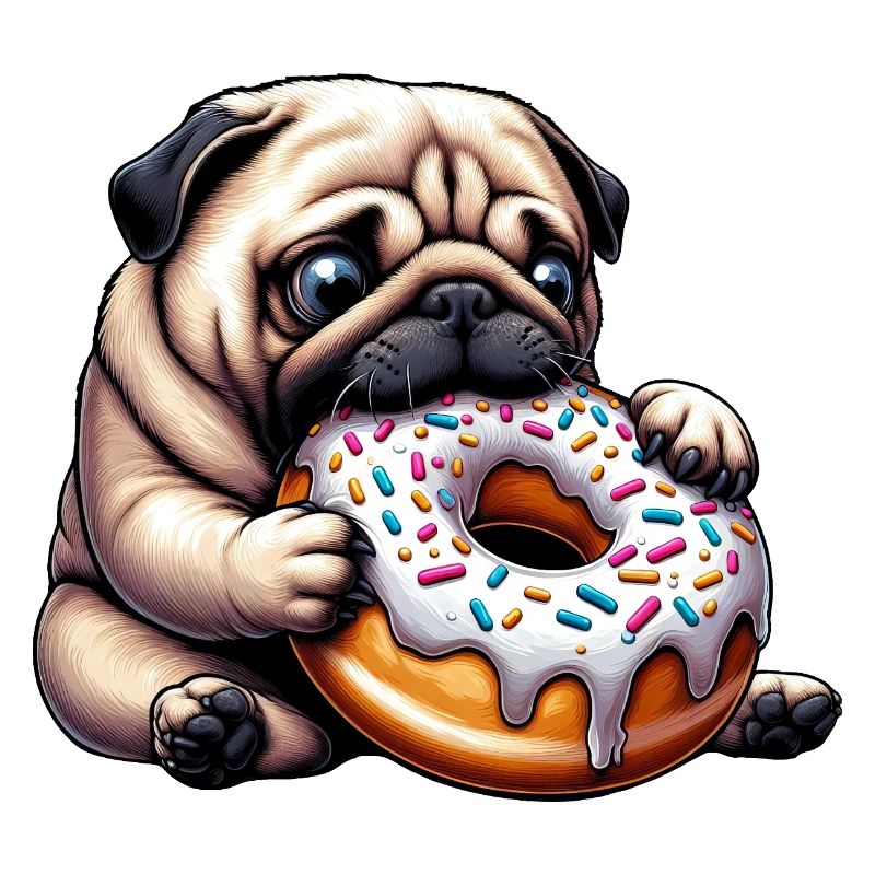 Carlin mignon avec beignet dessin animé Snacking drôle