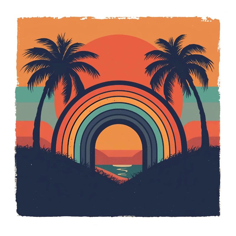 Retro Sunset with Rainbow & Palm Trees