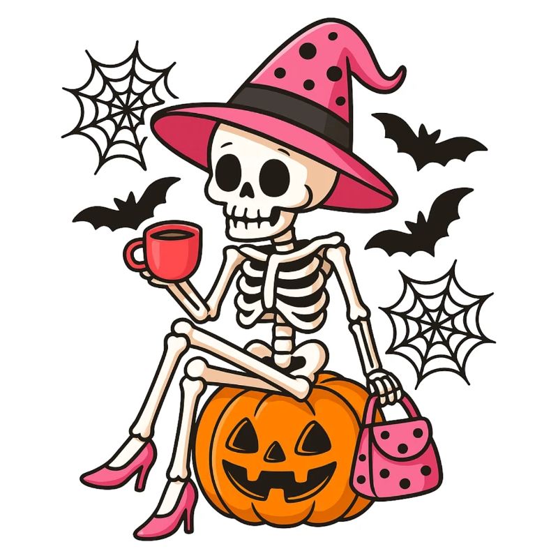 Pink Cute Halloween Witch Skeleton