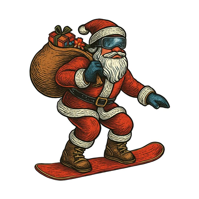 Weihnachtsmann auf Snowboard mit Geschenken