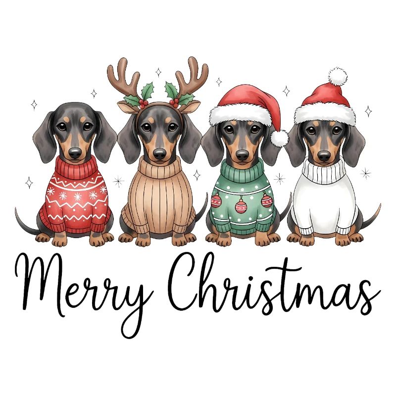 Quatre teckels, chiens blaireaux en pull de Noël