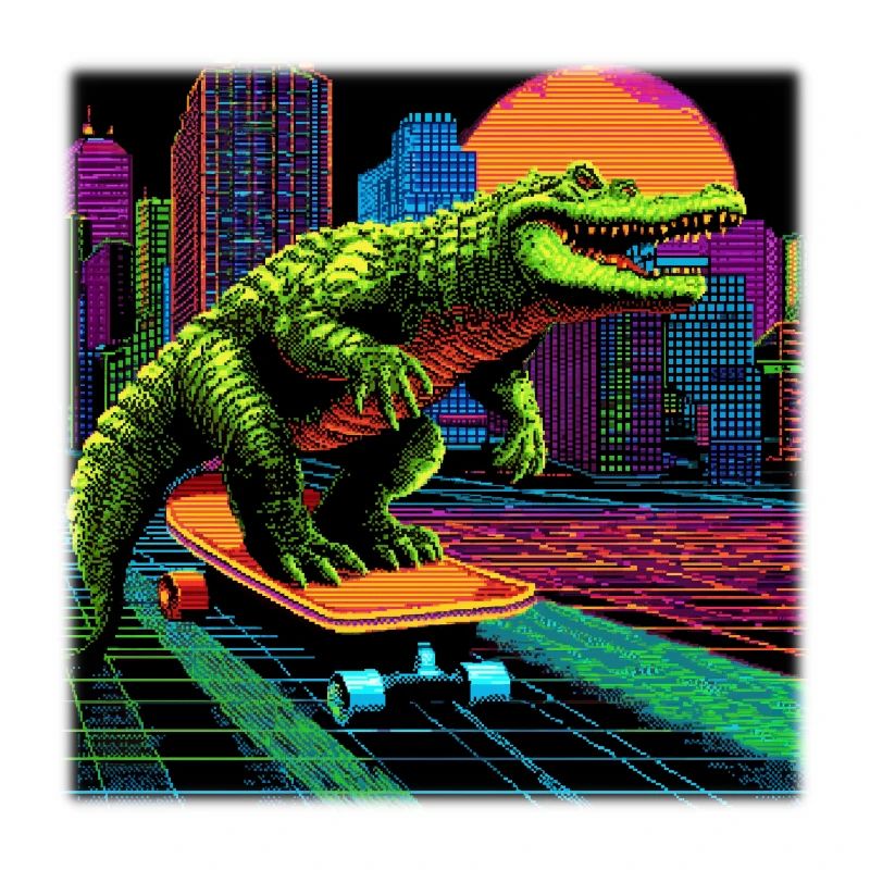 Pixel Art Crocodile – Synthwave rétro skater