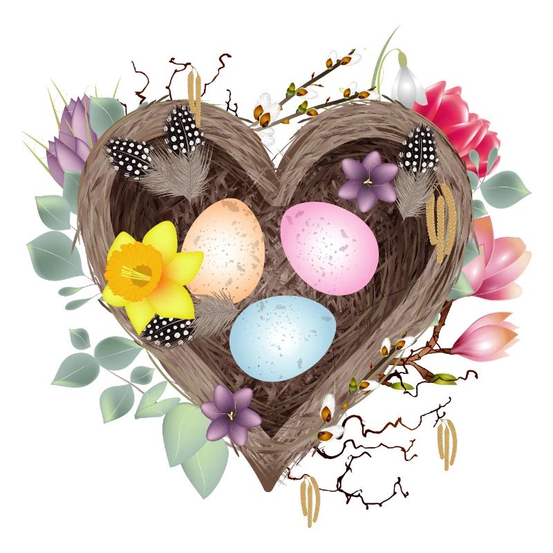 Heart-shaped nest with colorful Easter eggs