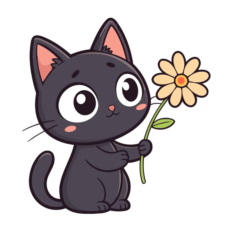 Kawaii Schwarze Katze und Gänseblümchen