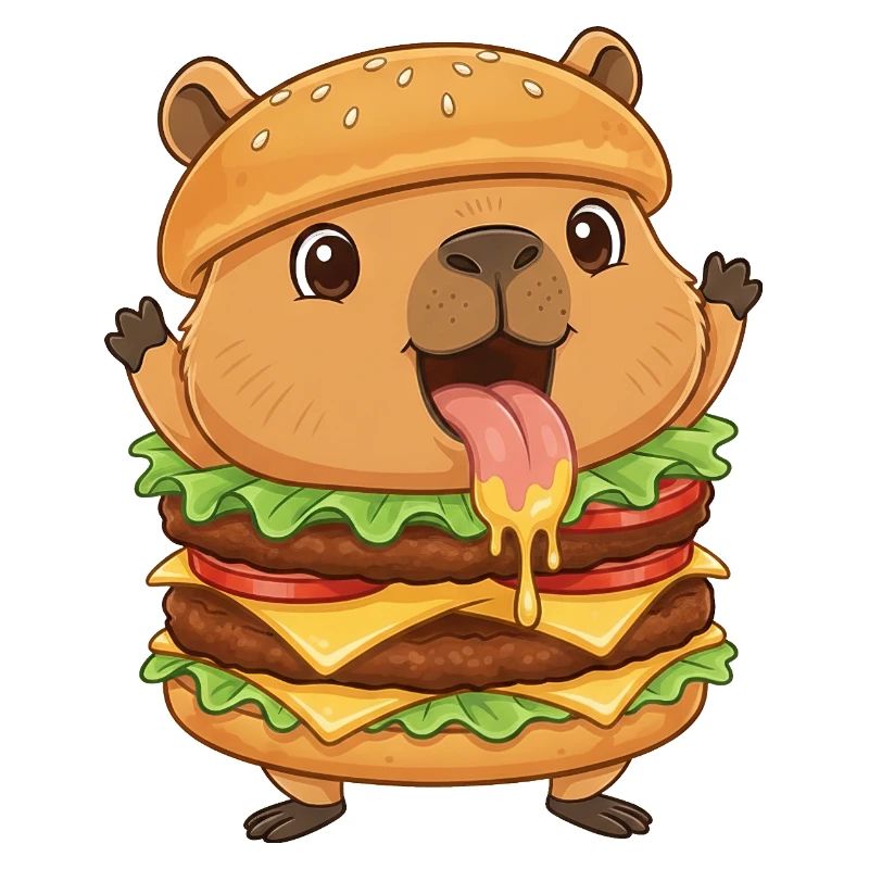 Mignon Fast-Food Cheeseburger de type capybara cartoon