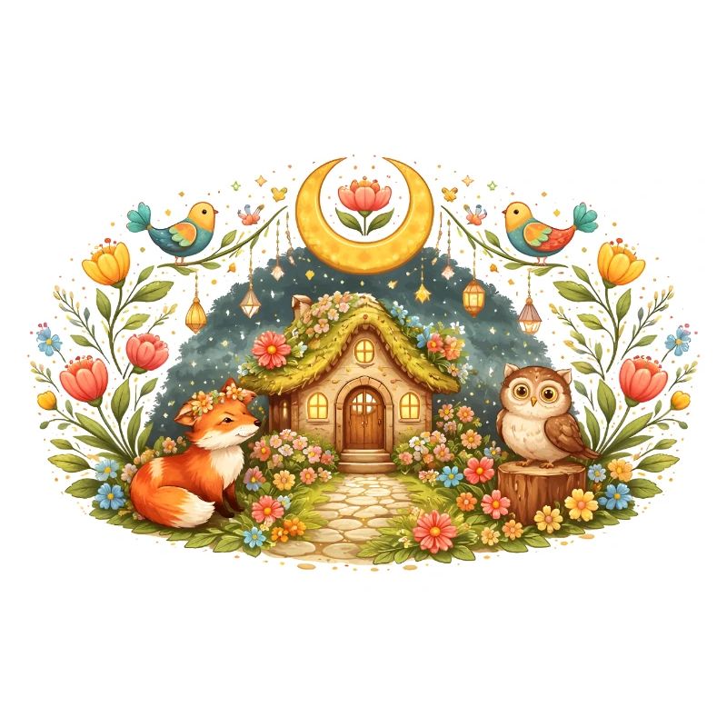 Magical Spring House with Fox and Owl
