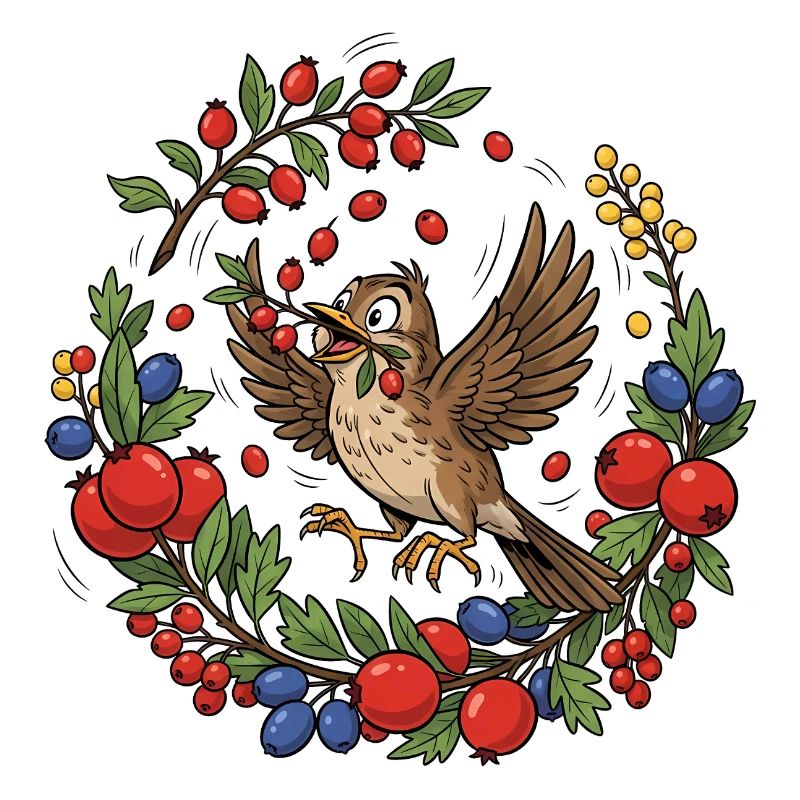 Oiseau joyeux dans une couronne de baies