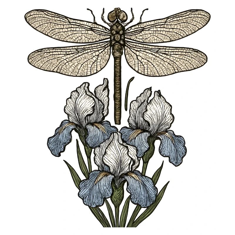 Dragonfly over iris flowers