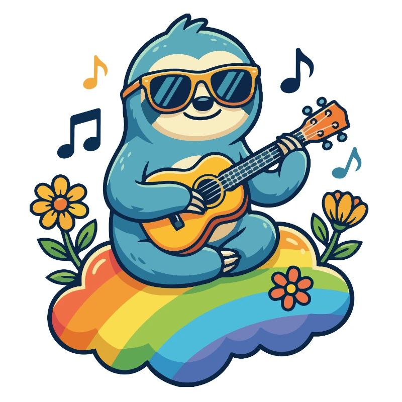 Hippie sloth with guitar on rainbow cloud