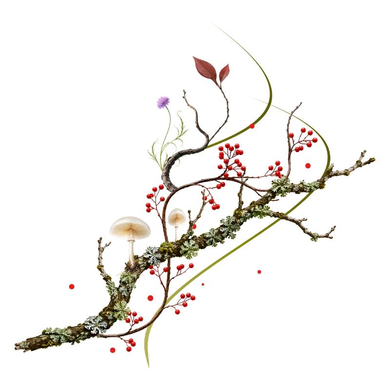 Conception forestière de champignons en porcelaine sur branche de lichen