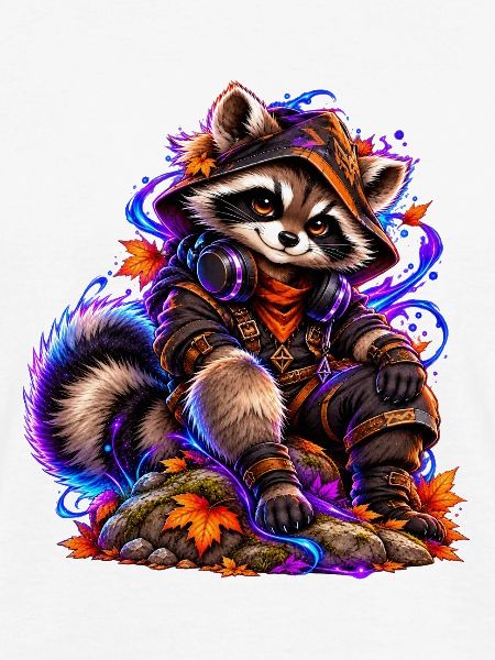 Neon-Waschbär mit Herbstlaub