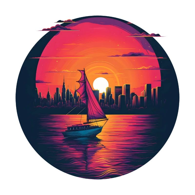 Coucher de soleil sur le voilier Synthwave
