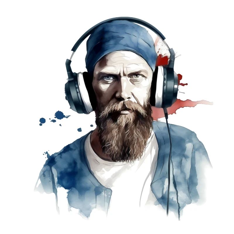 a man with a beard a cloth hat and modern headphon