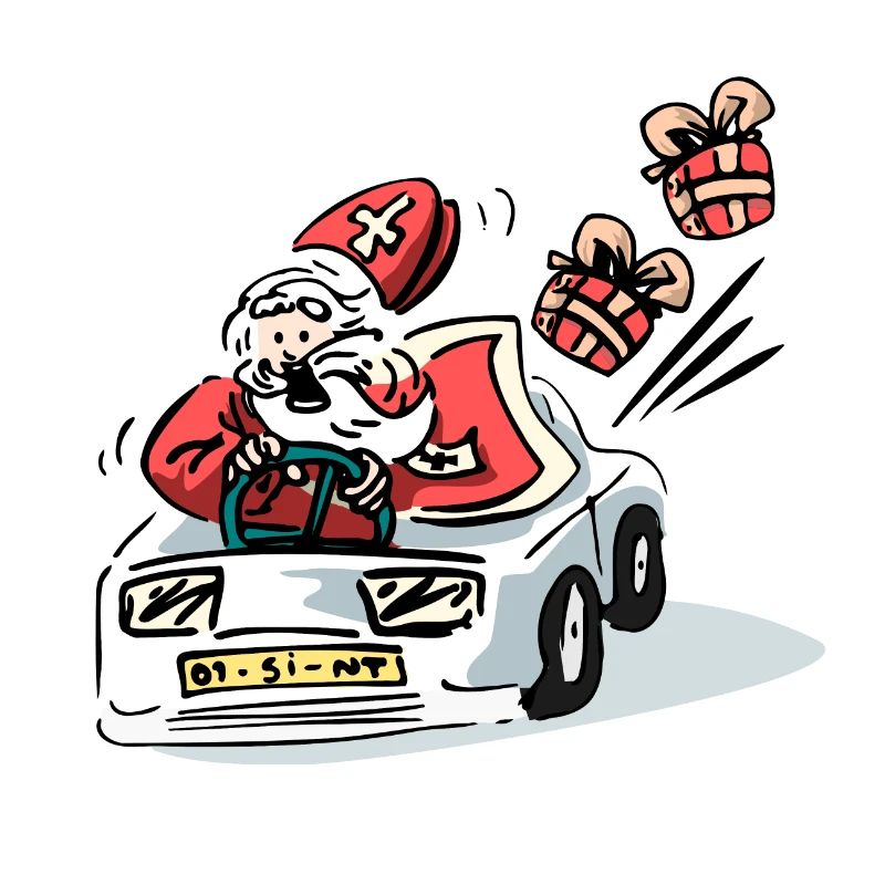 Sinterklaas in een snelle auto