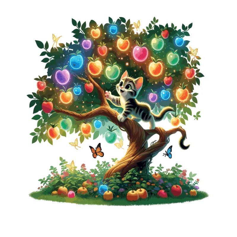Kitten climbs on tree with magic fruits