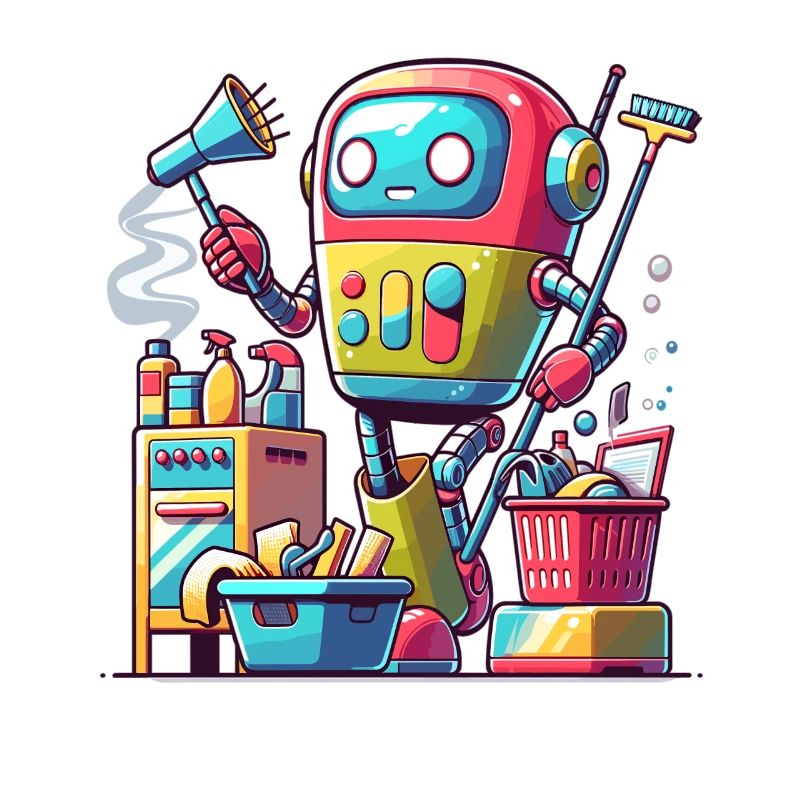 Playful robot doing chores