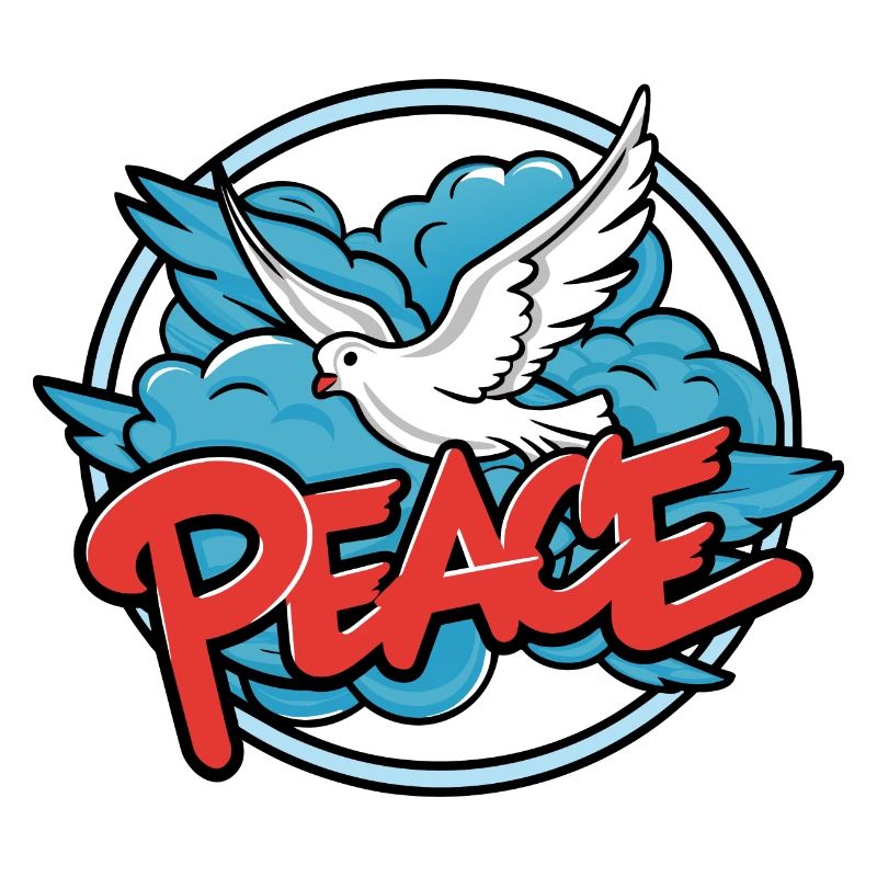 Weisse Friedenstaube mit rotem Wort "Peace"