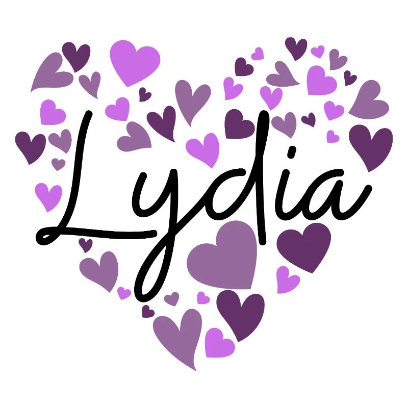 Conception du nom Lydia avec des cœurs violets en forme de cœur