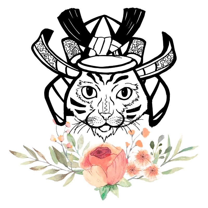 Cute hanging samurai cat with flowers