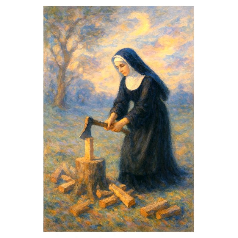 Nonne hackt Holz
