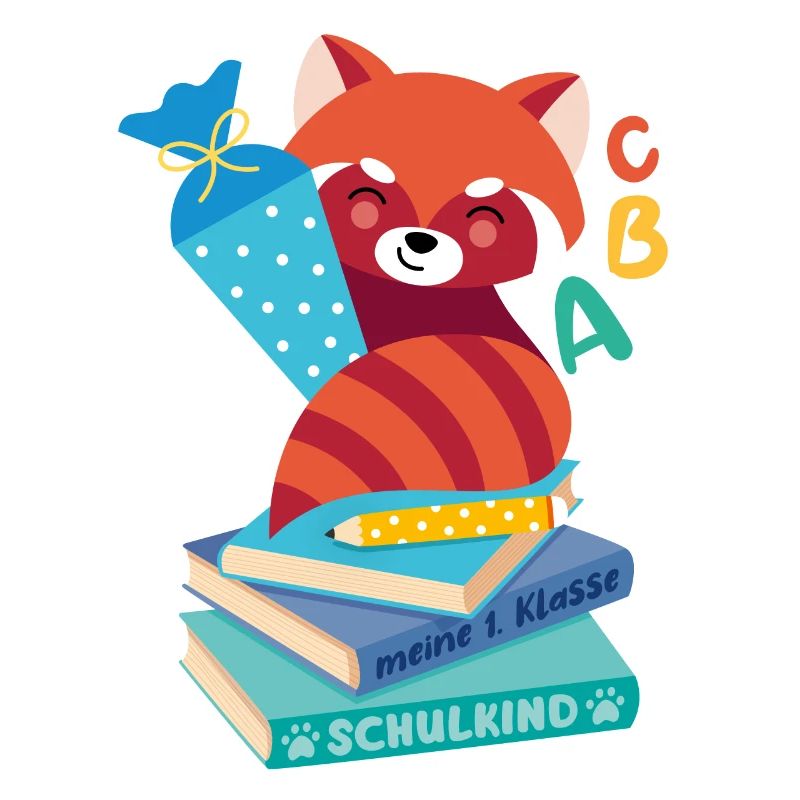 red panda with school cone on stack of books