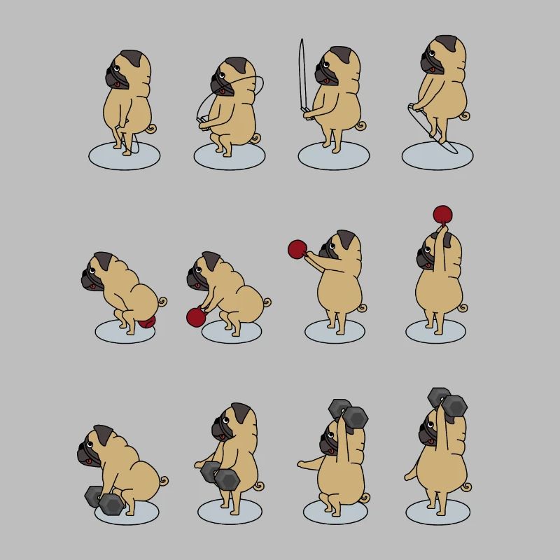 fitter Mops macht Sport mit Dumbbell, Kettlebell
