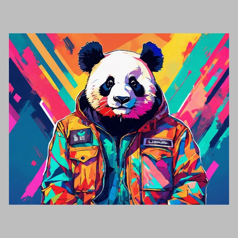 Panda in einer bunten Jacke