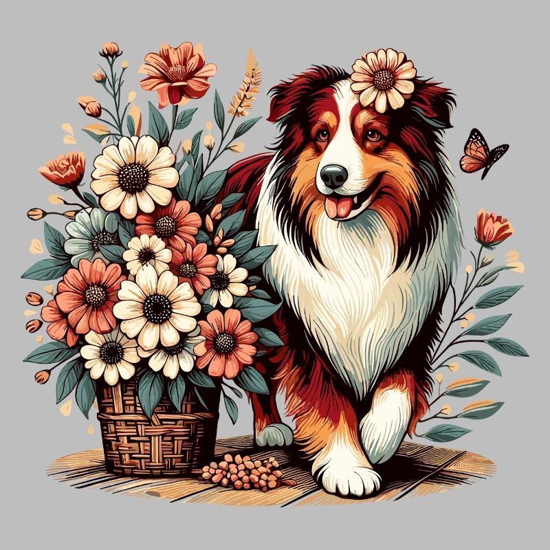 Australian Shepherd Cottage Core Blumen red tri