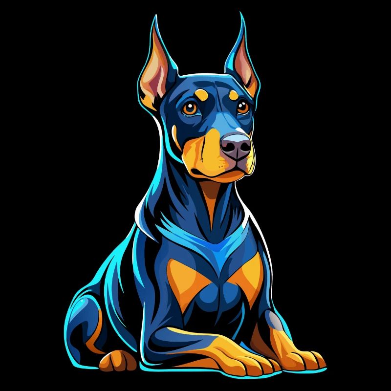 Doberman sitting with dog view