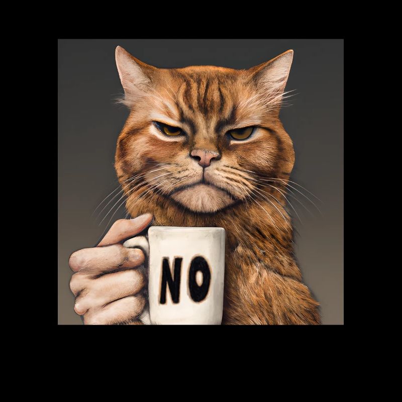 Grumpy funny cat with coffee cup says no