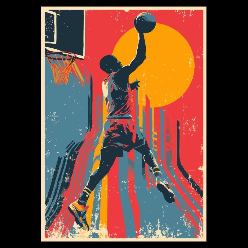 Dunk de basket-ball vintage devant le soleil jaune.