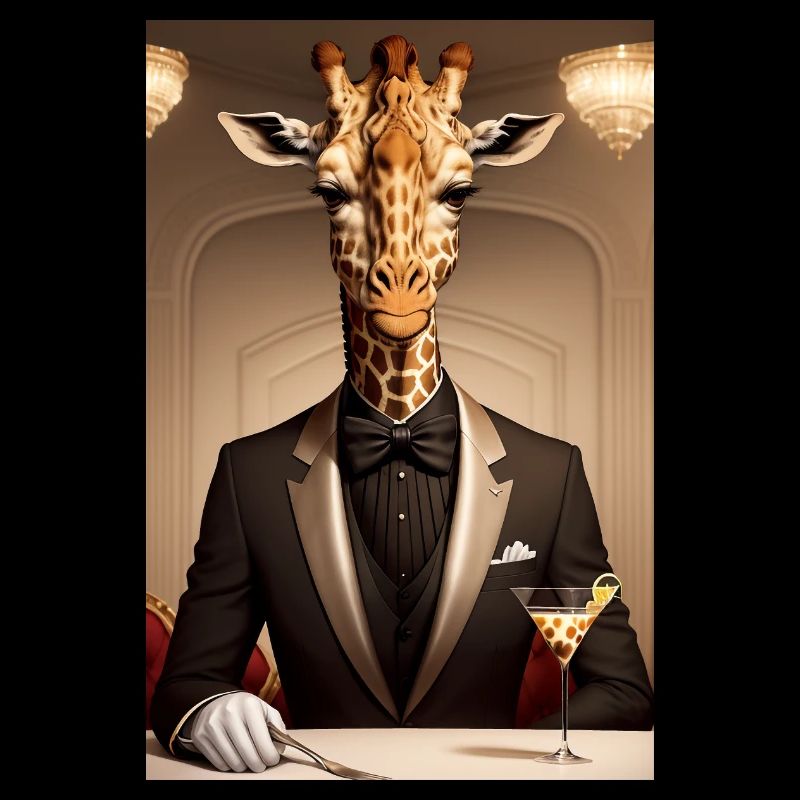 A giraffe in the restaurant with martini