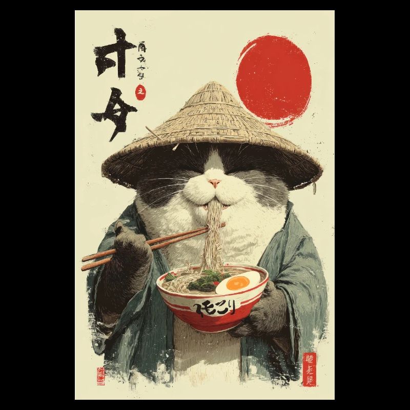 Samurai Cat Eating Ramen