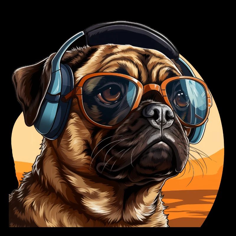 Mops mit Sonnenbrille und Kopfhörer
