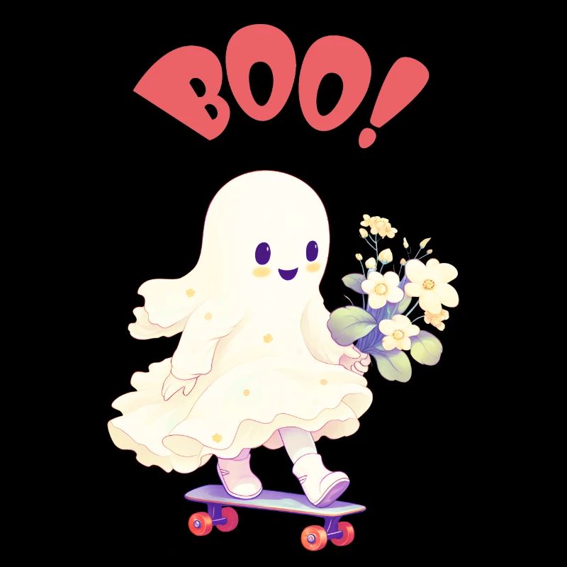 Friendly ghost with flowers on skateboard - BOO