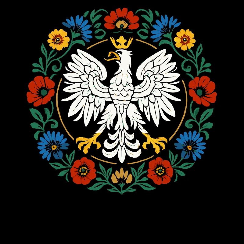 Polish Eagle Folk Emblem with Flowers