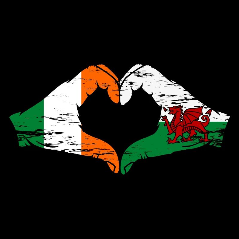 Irlande Pays de Galles Drapeau Mains Coeur Forme Utilisé
