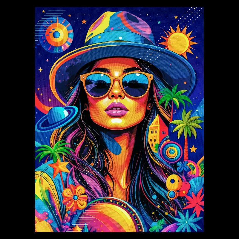 Femme planètes palmiers couleur