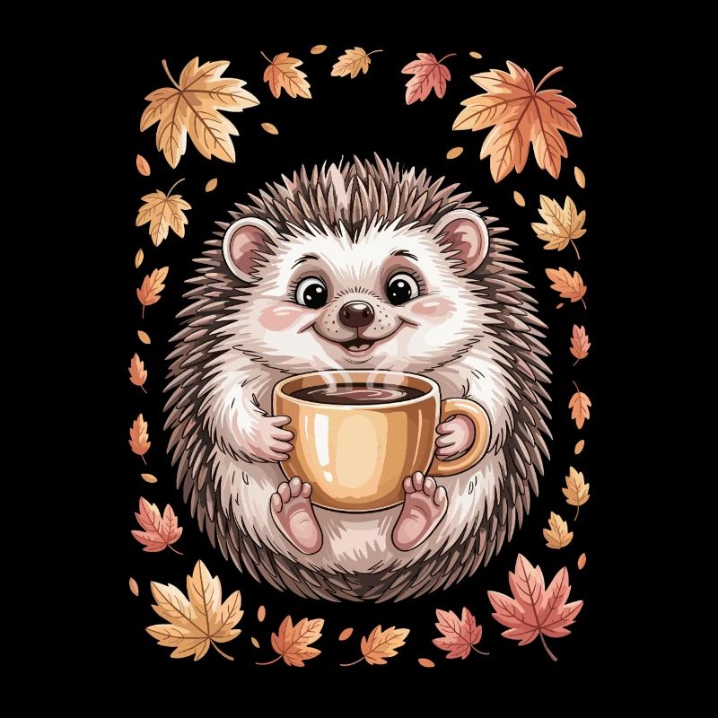 Autumnal hedgehog with coffee mug