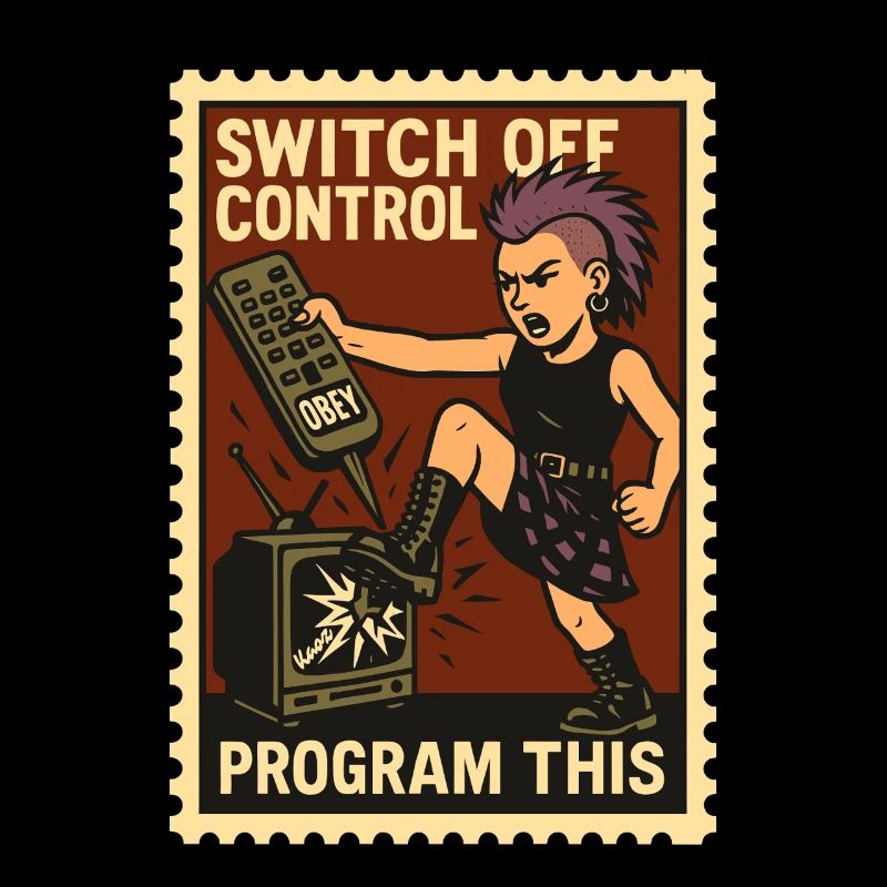 Punk kicks TV with remote control in hand