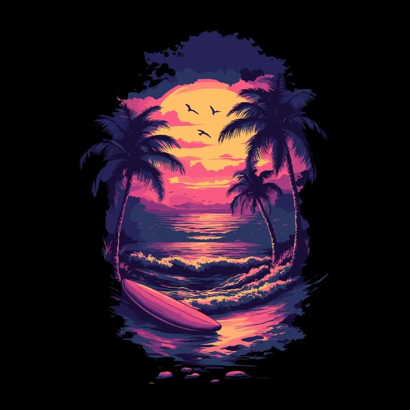 Surfboard Sunset – Retro Palm Trees & Waves Design