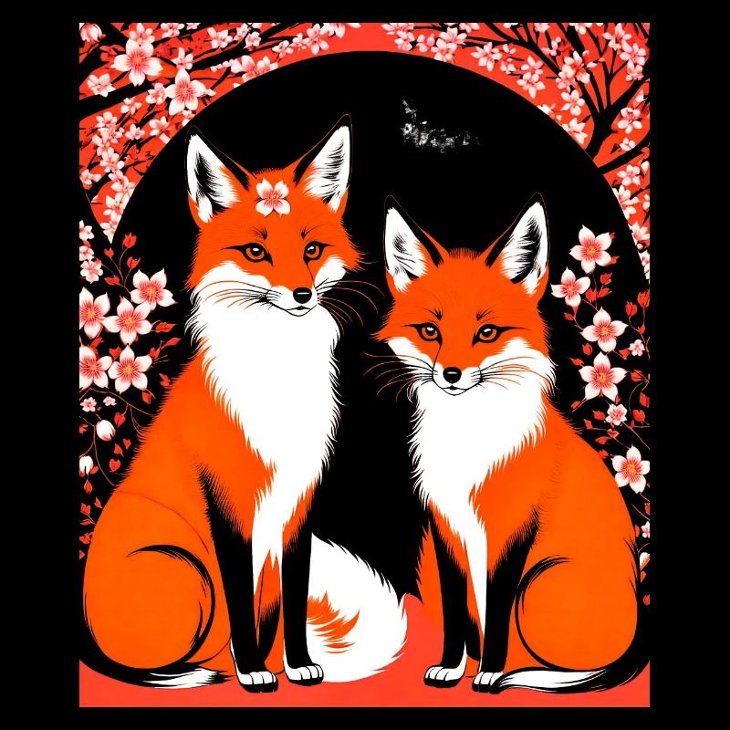 Foxes Japanese Cherry Blossom Flower Kitsune Fox