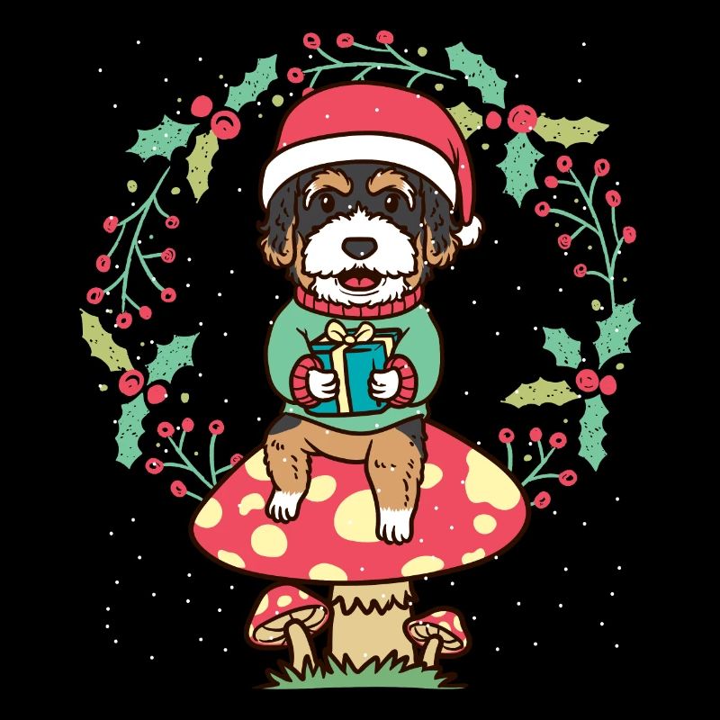 Bernedoodle Hund Auf Pilz Weihnachtskranz Xmas